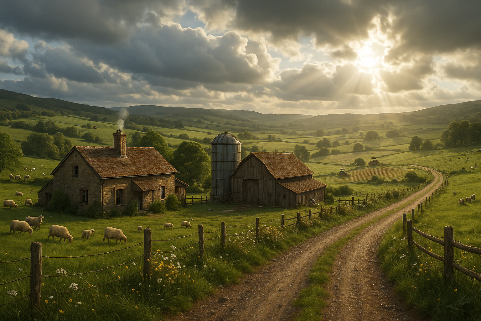create a realistic farm set in the country side